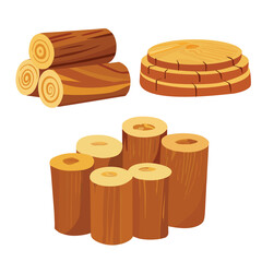 Lumber industry wood logs. Tree trunks, stumps, planks, piled firewood. Hardwood timber materials for lumber industry vector set.