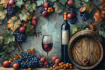 
pattern of [wine bottle+wine glass+grape+grape tree+wooden barrell], cozy color paltette --ar 3:2 --stylize 750