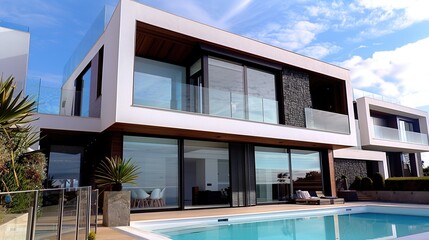 Shows a large, modern house with a swimming pool. 
