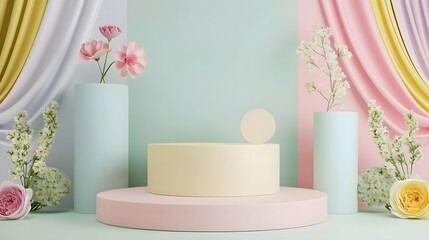 Pastel color podium for products. A stage for product presentation pastel color tone. Generate AI.