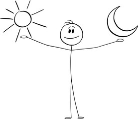 Person showing day and night, Sub and Moon, vector cartoon stick figure or character illustration.