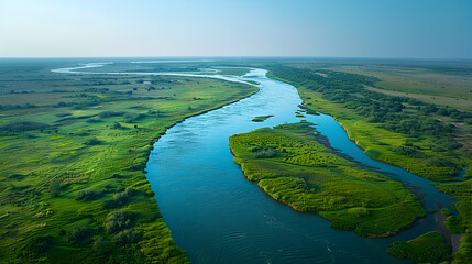 Obraz premium Aerial View of Serene River and Lush Green Landscape