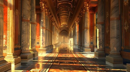 Fototapeta premium Hallway lined with Roman-style columns and mosaic floors