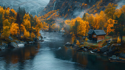 Obraz premium Aerial View of Autumn Forest with River and Cabin in Mountains