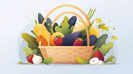 Harvested vegetables in a wicker basket, overhead view, natural light, countryside charm. isolated on soft plain pastel solid background