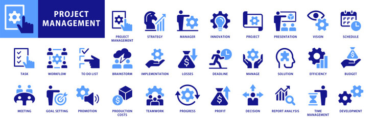 Project management icon collection. Time management and Planning, Task, Presentation and Schedule concepts. Dual color flat style icon set.