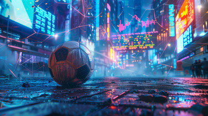 Soccer Ball in Futuristic Neon Cityscape