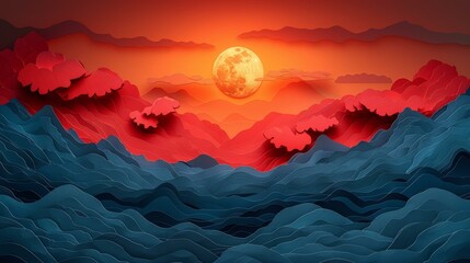 red and blue paper cut waves with a large moon