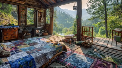 bedroom with a rustic Appalachian cabin theme, including handmade quilts, a wood-burning stove, and antique wooden furniture