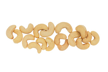 Roasted cashews without shell. Top view of cashew nut isolated on white background