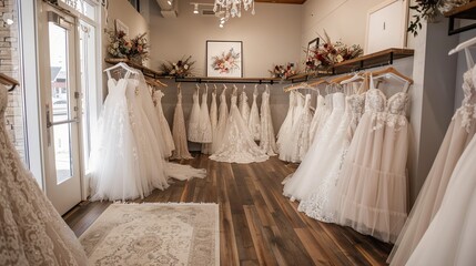 A large room with many wedding dresses hanging on racks.
