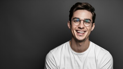 Fototapeta premium Positive Vibes Natural Light Portrait of a Young Man in White T-shirt and Round Glasses, Smiling Happily Against Grey
