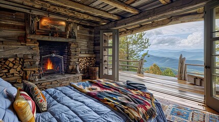 bedroom with a rustic Appalachian trail cabin theme, including hand-hewn log walls, a stone fireplace, and cozy quilts