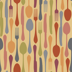 vector seamless pattern with color cutlery fork spoon and knife in vintage style. Suitable for vintage Wallpaper, wrapping paper, fabric