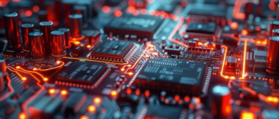 Obraz premium A close up of a computer chip with a red glow