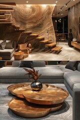 Fototapeta premium Modern Living Room Interior Design with Marble Wall and Wooden Stairs