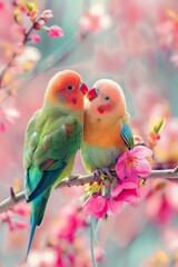 A pair of colorful lovebirds with vibrant green, orange, and blue feathers sit closely on a branch adorned with pink cherry blossoms. 