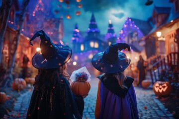 Children dressed as witches, vampires and ghosts collect candy at dusk