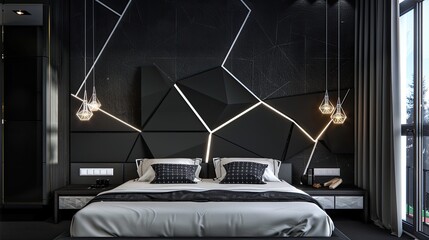 chic bedroom featuring a sleek black and white color scheme with a geometric headboard and contemporary light fixtures