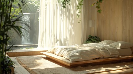 The Zen bedroom has natural light streaming through sheer curtains in neutral tones. There are...