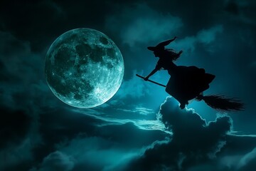 A witch on a broomstick flies against the background of a full moon, dark sky and clouds