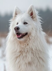 Fototapeta premium White Dog with Blue Eyes in Snow
