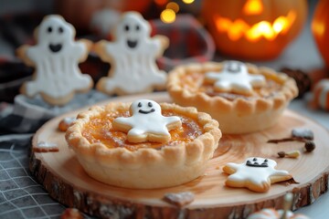 Pumpkin pies and cookies in the shape of ghosts on a festively decorated table