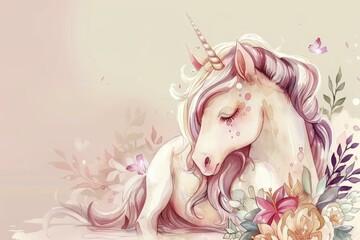 Artistic depiction of a peaceful unicorn surrounded by delicate flowers and butterflies