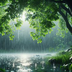 Obraz premium Rain falling in a forest with a lake, showcasing trees and water under the rain