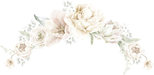 White Floral Bouquet Cream Pastel Watercolor Elegant Wedding Frame