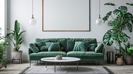 Modern living room with green plants and stylish furniture, blank white wall, and wooden floor
