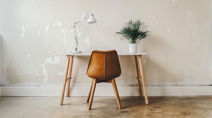 Minimalist home office with a standing desk, a minimalist chair, and a single plant