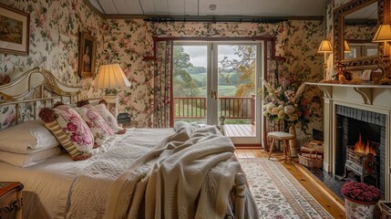 luxurious bedroom with an English cottage theme, featuring floral wallpapers, a cozy fireplace, and traditional furniture