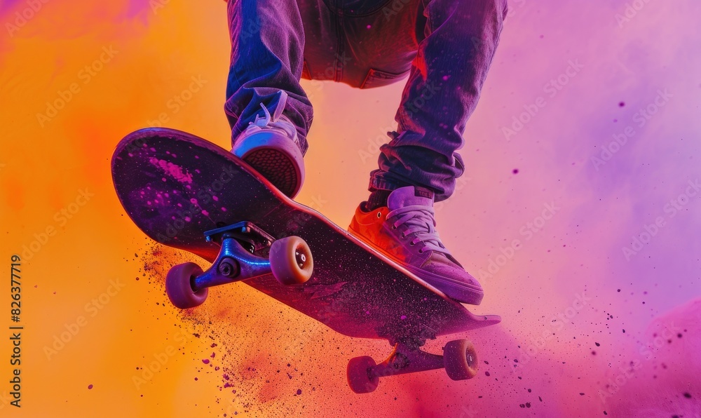 Wall mural A man skater doing kickflip on skateboard, colorful background