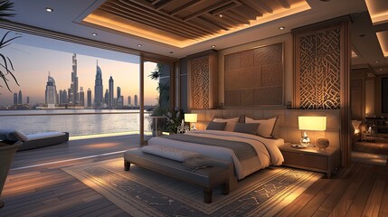 luxurious bedroom with a sleek Dubai penthouse theme, featuring modern Arabian design, luxurious textiles, and high-tech amenities