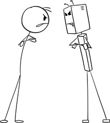 Competition between human and robot or Ai or artificial intelligence, vector cartoon stick figure or character illustration.