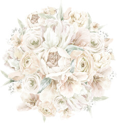 White Floral Bouquet Cream Pastel Watercolor Elegant Wedding Frame