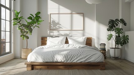 Minimalist bedroom with a wooden bed frame, white bedding, and a small potted plant