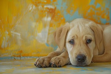 Forlorn labrador puppy lies before a vibrant abstract painted wall, evoking emotion