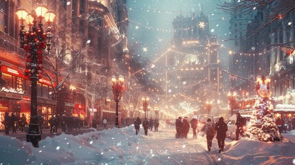 Snowy Urban Landscape: Depict a bustling cityscape covered in snow, with people walking, holiday decorations, and twinkling lights, emphasizing the beauty of winter in the city.