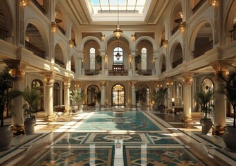 Naklejka premium A grand hall with a soaring ceiling and opulent marble floor