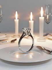 Diamond Ring on Intimate Candlelit Dinner Table Setting for Romantic Proposal