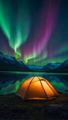 A glowing tent by a calm tranquil lake with the beautiful northern lights dancing in the sky