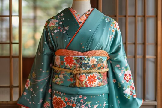 A kimono with a floral pattern and a golden obi