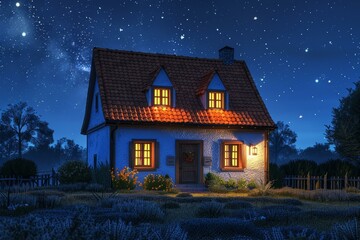 cottage house in the middle of lavender field at night