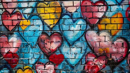 Brick wall with painted hearts in graffiti style. 