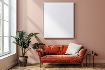 Modern Living Room Interior with Velvet Sofa and Blank Wall Art