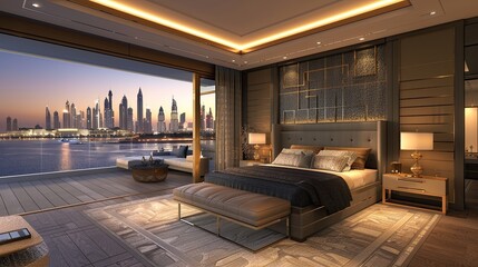 luxurious bedroom with a sleek Dubai penthouse theme, featuring modern Arabian design, luxurious textiles, and high-tech amenities