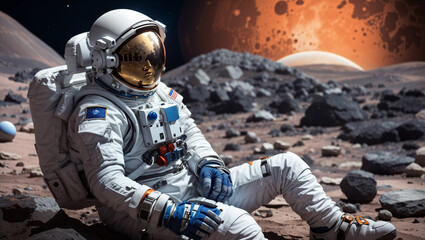 astronaut in a white spacesuit with a Russian flag patch is sitting on a rocky surface
