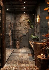 Nature-Inspired Bathroom Design with Wood and Stone